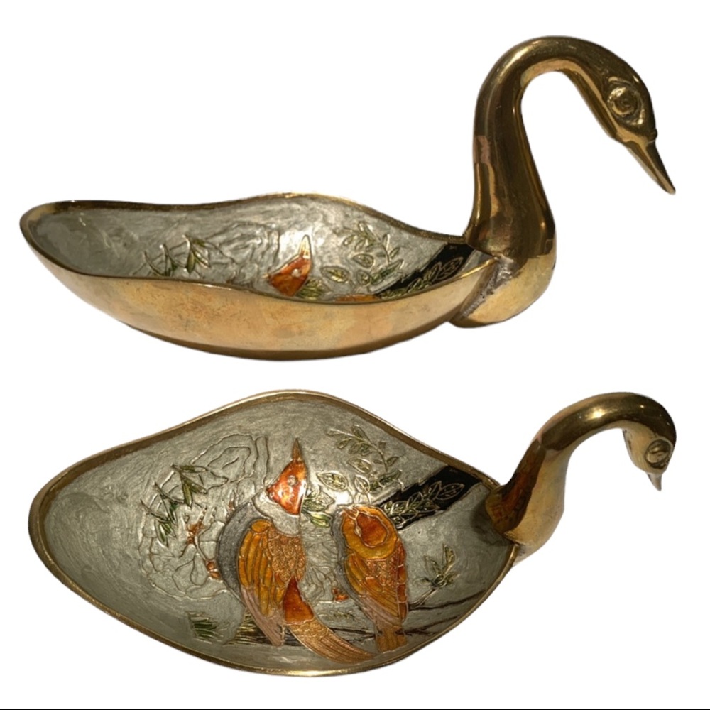 VTG Brass Cloisonné Enamel Swan Duck Pedestal Dish Decor Bird Design